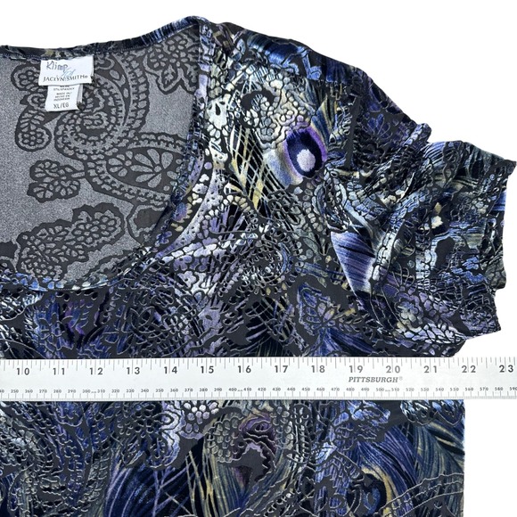 VTG Velvet Burnout Peacock Feather Print Stretch Top XL - Picture 9 of 13